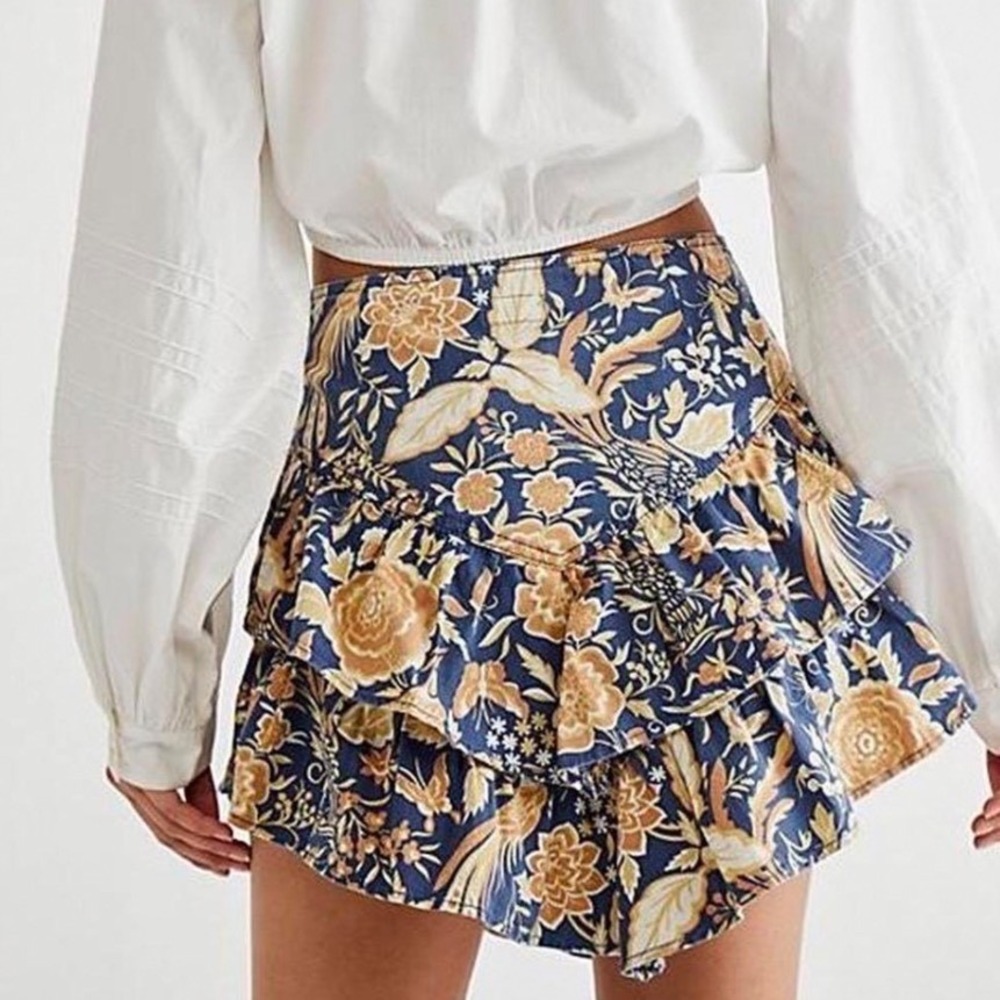 Mother The Ruffle Mini Skirt Accidental Florist Floral Bird‎ Print Navy Blue 24
